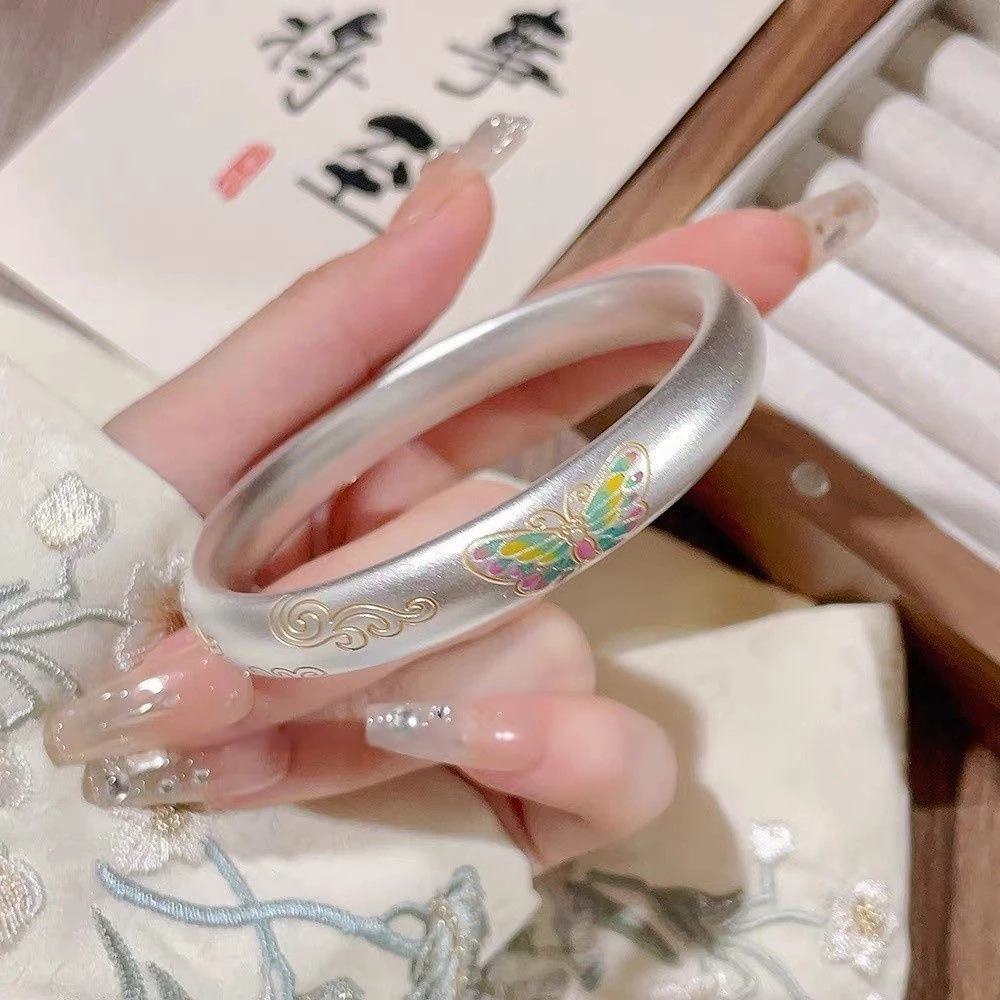 足银手镯 蝴蝶祥云银手镯女纯银999足银描金闭口银镯子情人节礼物