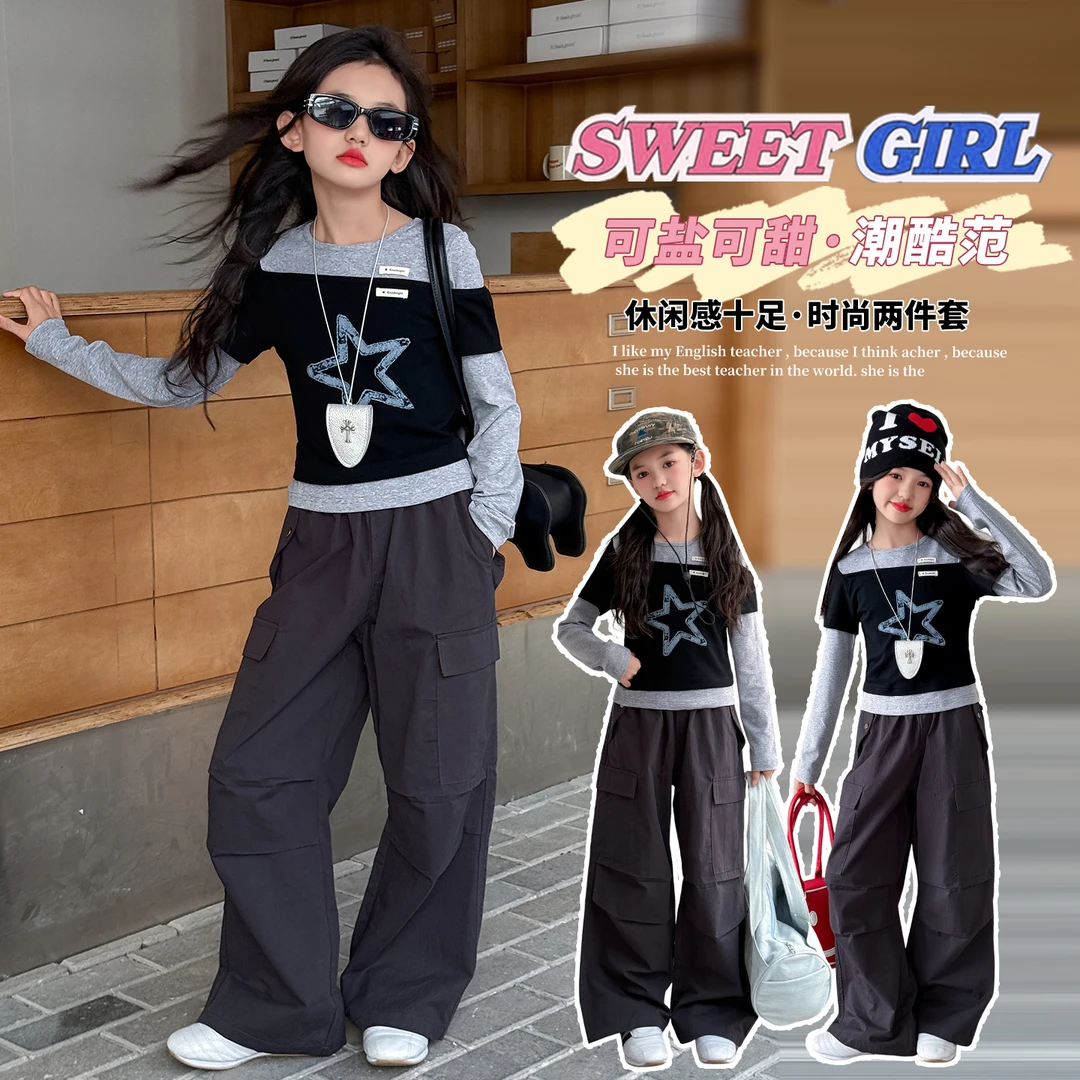 女童秋装长袖卫衣套装2025秋季新款儿童印花上衣纯色休闲裤两件套