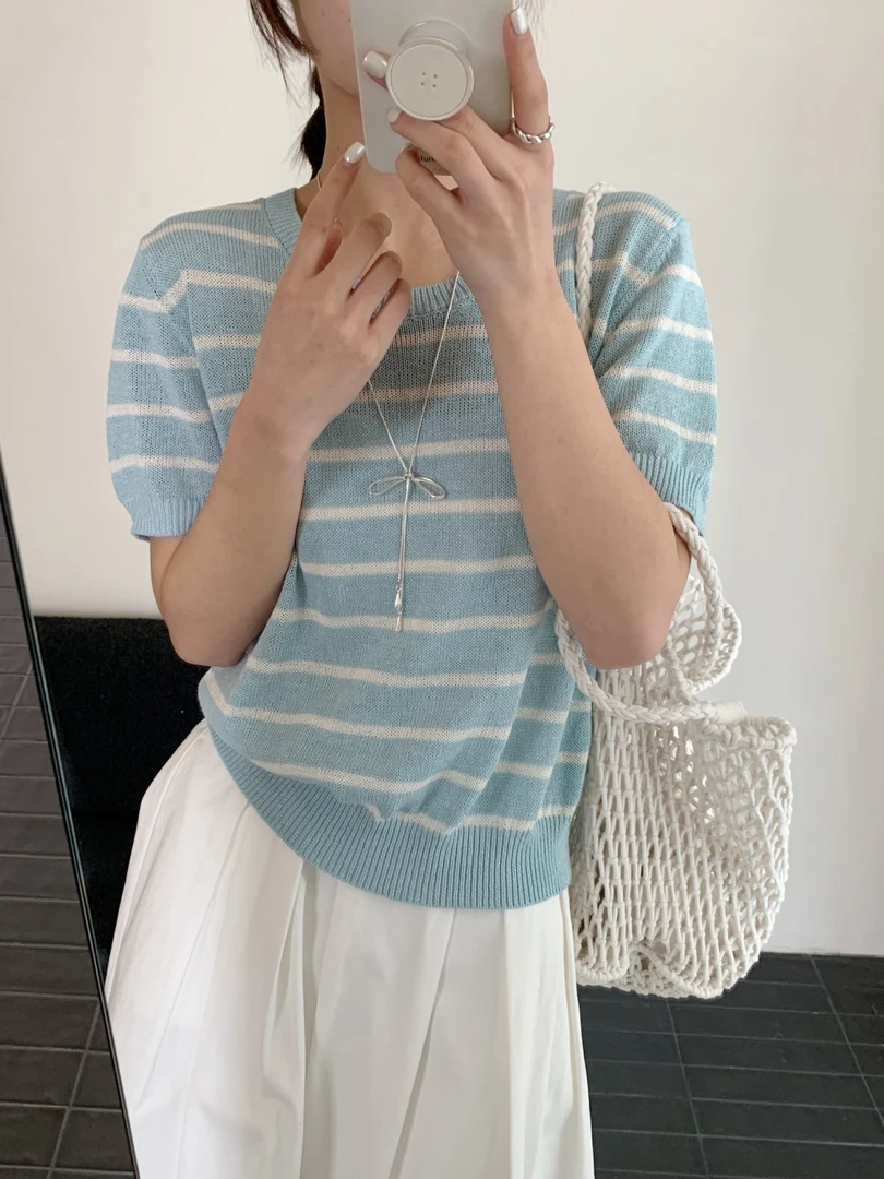 【素简.500132】春款上新进口和纸夹条茧型后扣设计女装上新针织衫