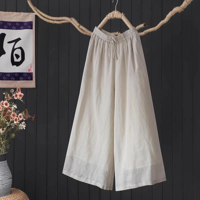 外贸剪标女装尾货复古文艺纯色阔腿裤棉麻双层宽松大码裤裙女