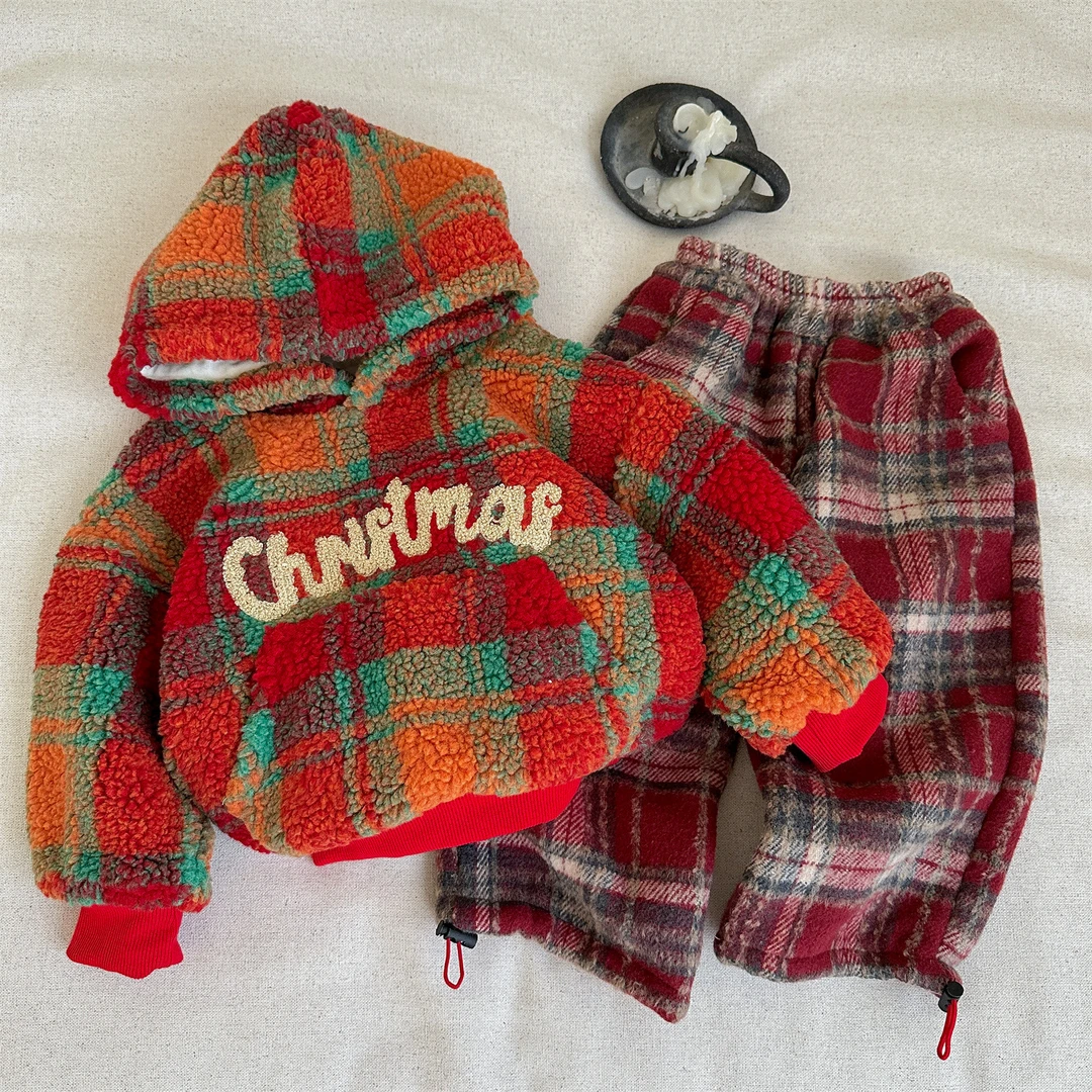 圣诞男女童连帽加绒卫衣套装冬季新款中小童洋气保暖格子裤两件套