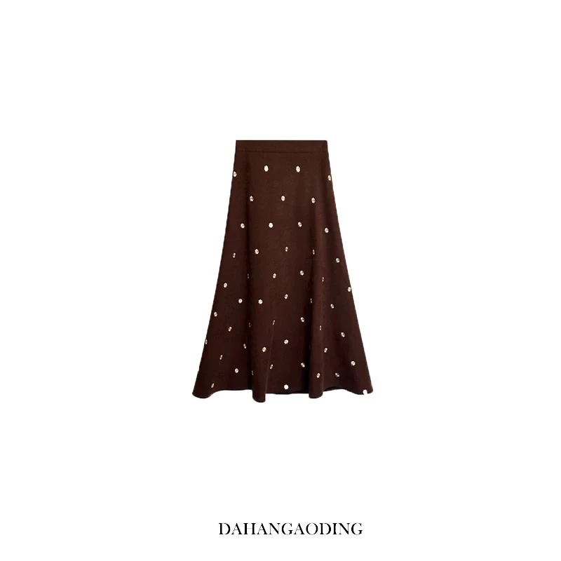 咖色鎏金刺绣毛呢半身裙女韩版高腰显瘦气质减龄中长款半裙马甲
