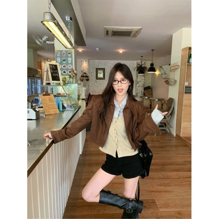 美拉德套装假两件条纹衬衫女秋季新款叠穿咖色夹克长袖外套两件套