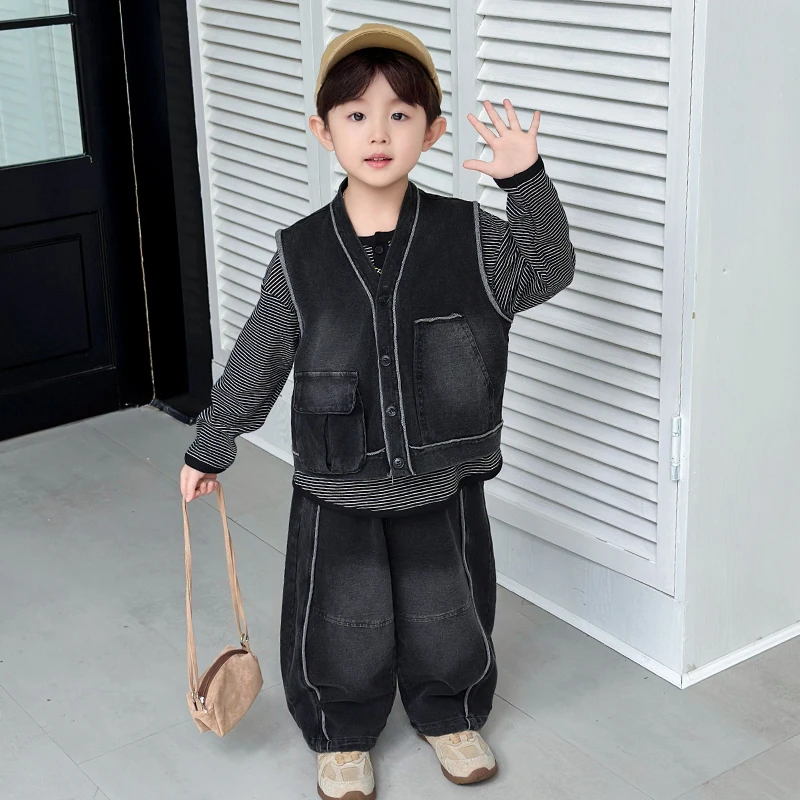 男童秋装套装2025新款儿童洋气时髦牛仔马甲三件套宝宝秋季衣服潮
