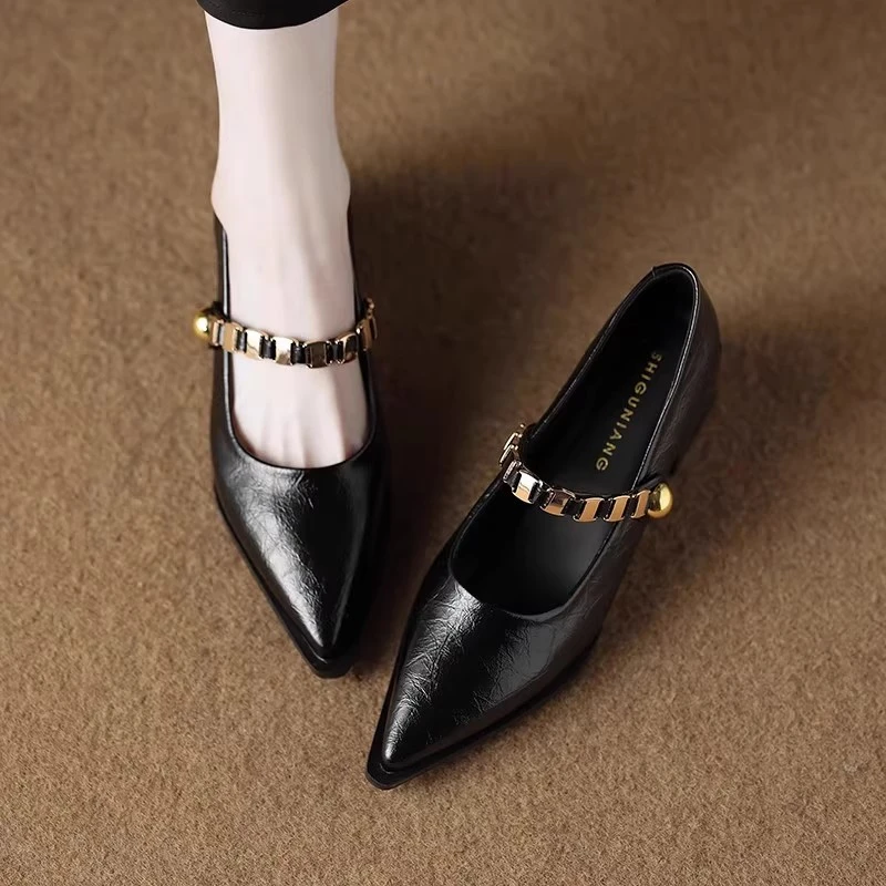 WANSSENY2025年新款时尚气质法式尖头高跟鞋女配裙子真皮粗跟单鞋