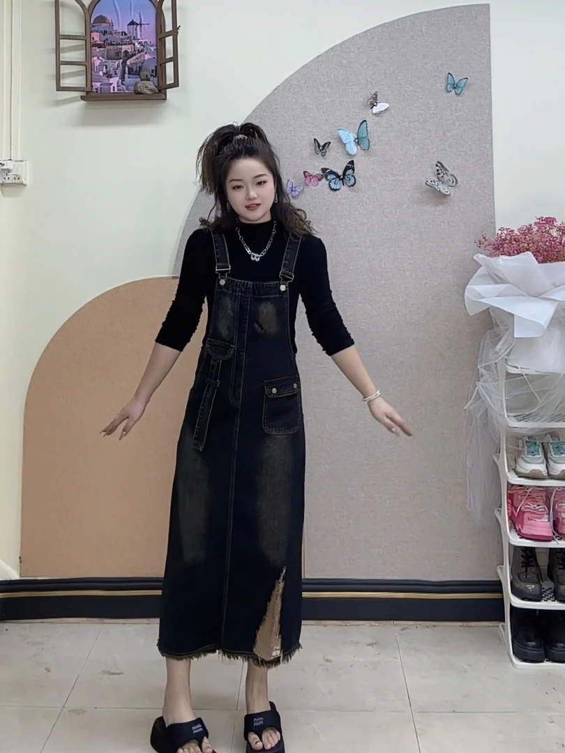 【YY】春夏新款复古显瘦时尚中长款牛仔背带裙飘带设计韩版减龄洋气