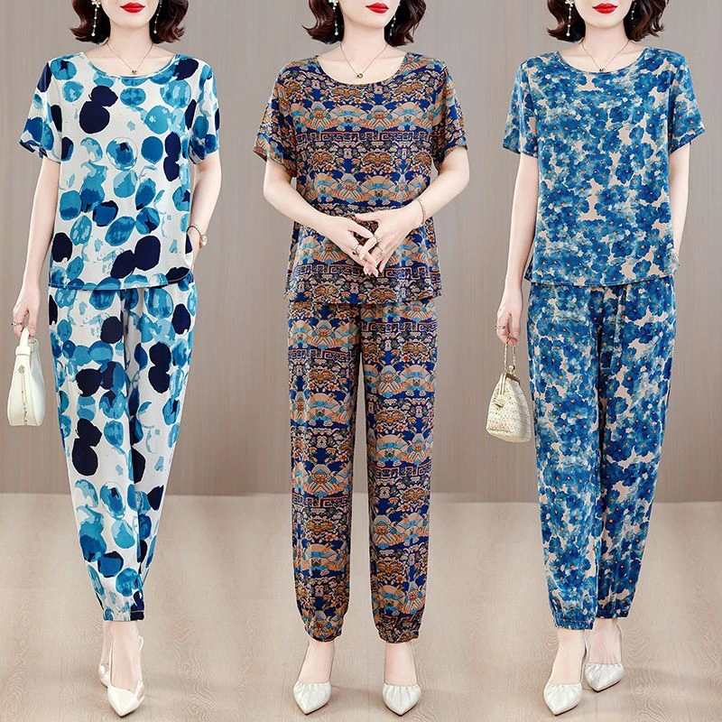 棉绸套装女夏季显瘦外穿洋气减龄外穿短袖长裤两件套宽松凉快妈妈