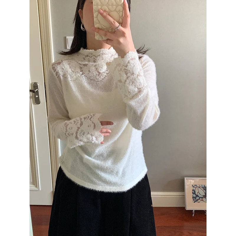 花总吖【花蕾衫】秋冬新款法式镂空长绒毛蕾丝花边打底衫R425Z19159