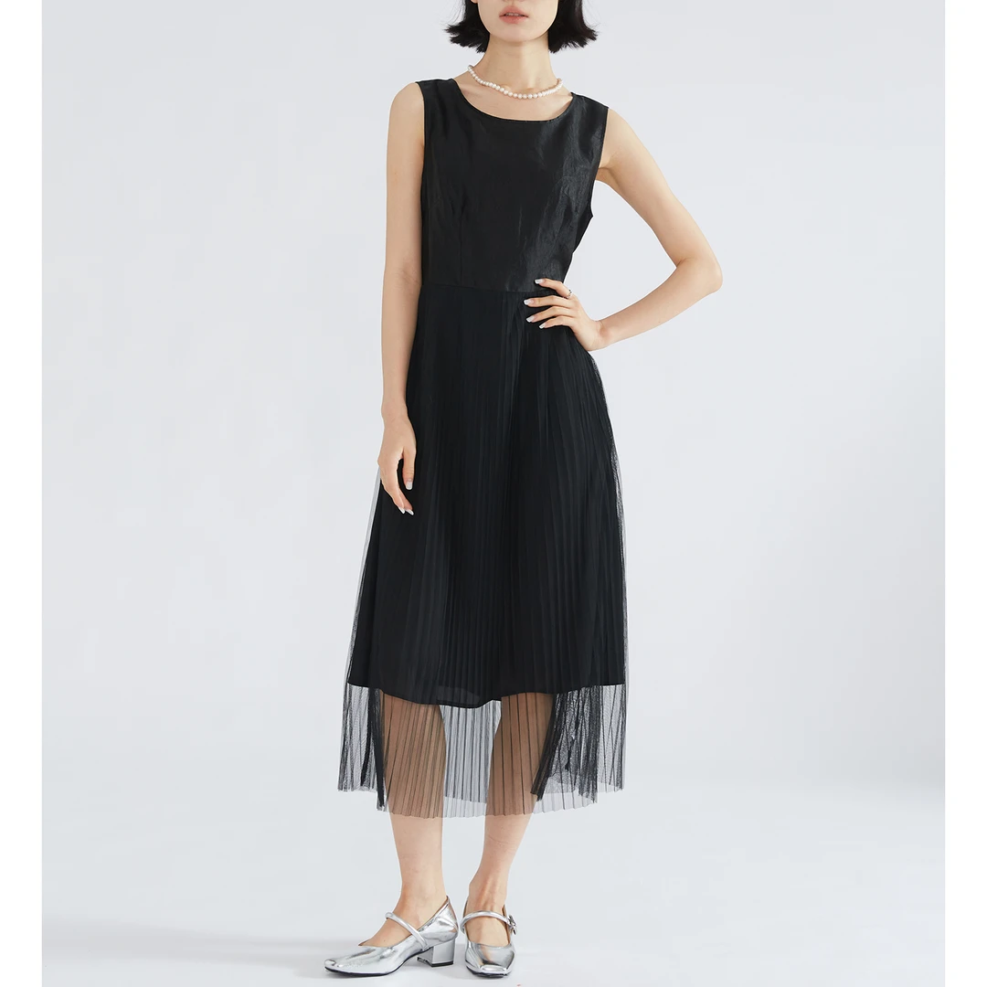 真丝香云纱龟纹背心裙100%桑蚕丝网纱拼接修身无袖连衣裙YSEL004