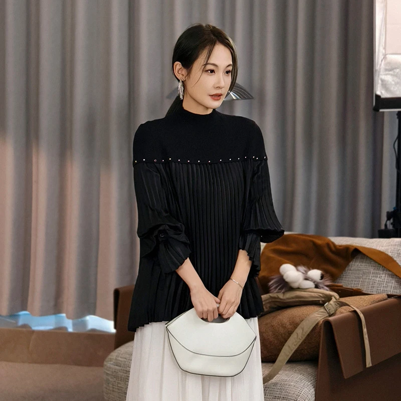 美洋MEIYANG 黑风琴针织衫 针织*醋酸|通勤聚会高领拼接百褶上衣