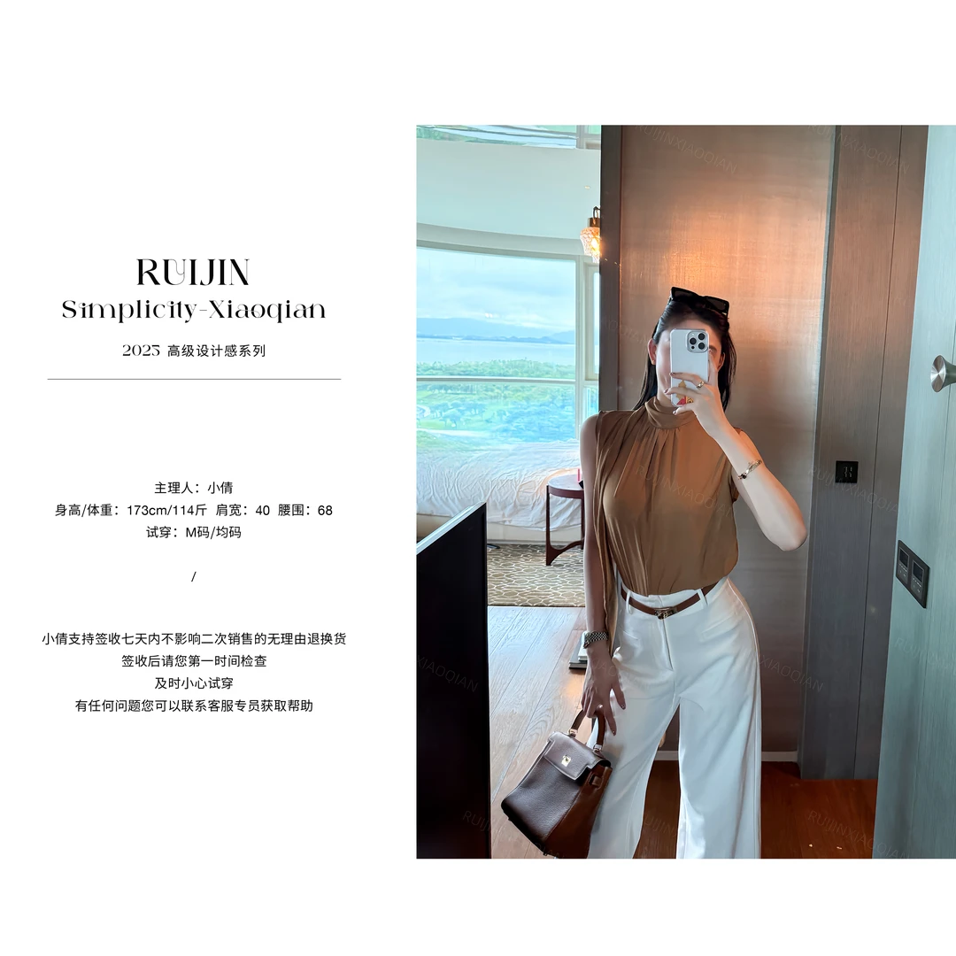 【81RUIJIN】无袖挂脖绑带衬衣气质飘带夏季显瘦时尚修身设计感上衣