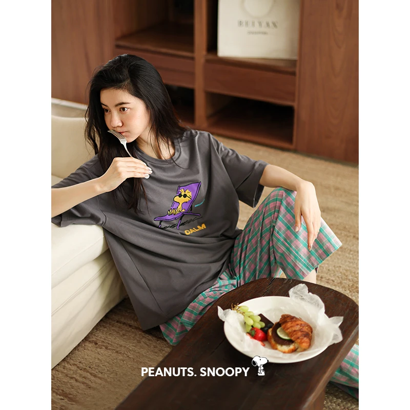 贝妍睡衣女夏季薄款史努比纯棉家居服女大码短袖格子长裤凉感套装