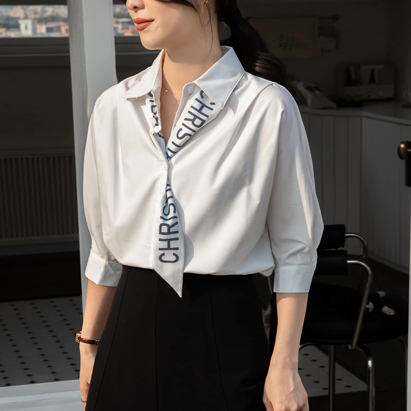 法式设计感五分袖丝巾衬衫女2025夏季新款高级感职业通勤洋气衬衣