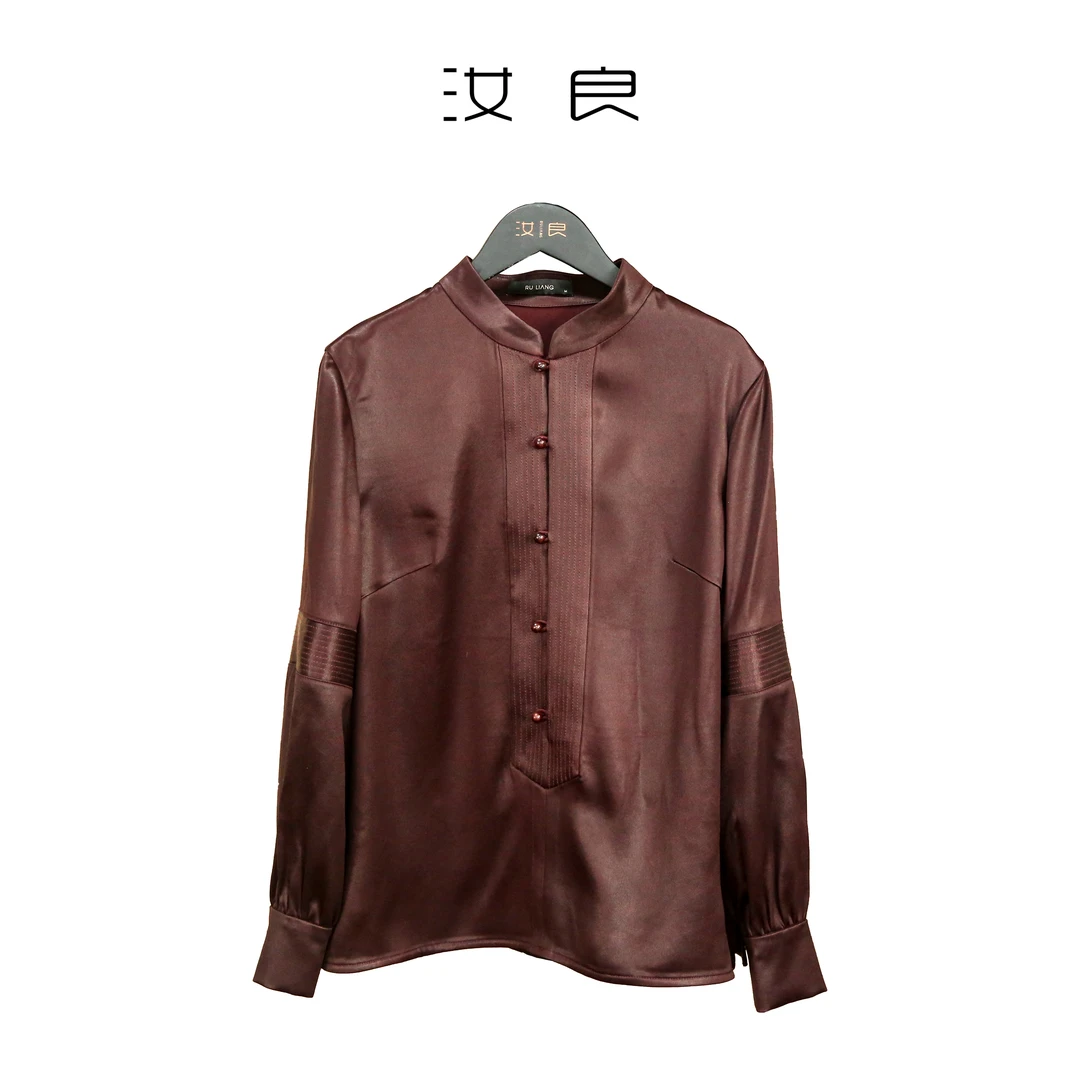 小立领紫檀压线长袖上衣