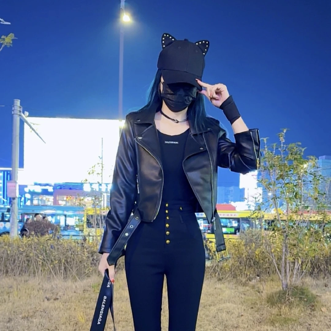 断色断码时尚百搭翻领长袖机车服PU洗水皮修身短款显瘦皮衣外套31