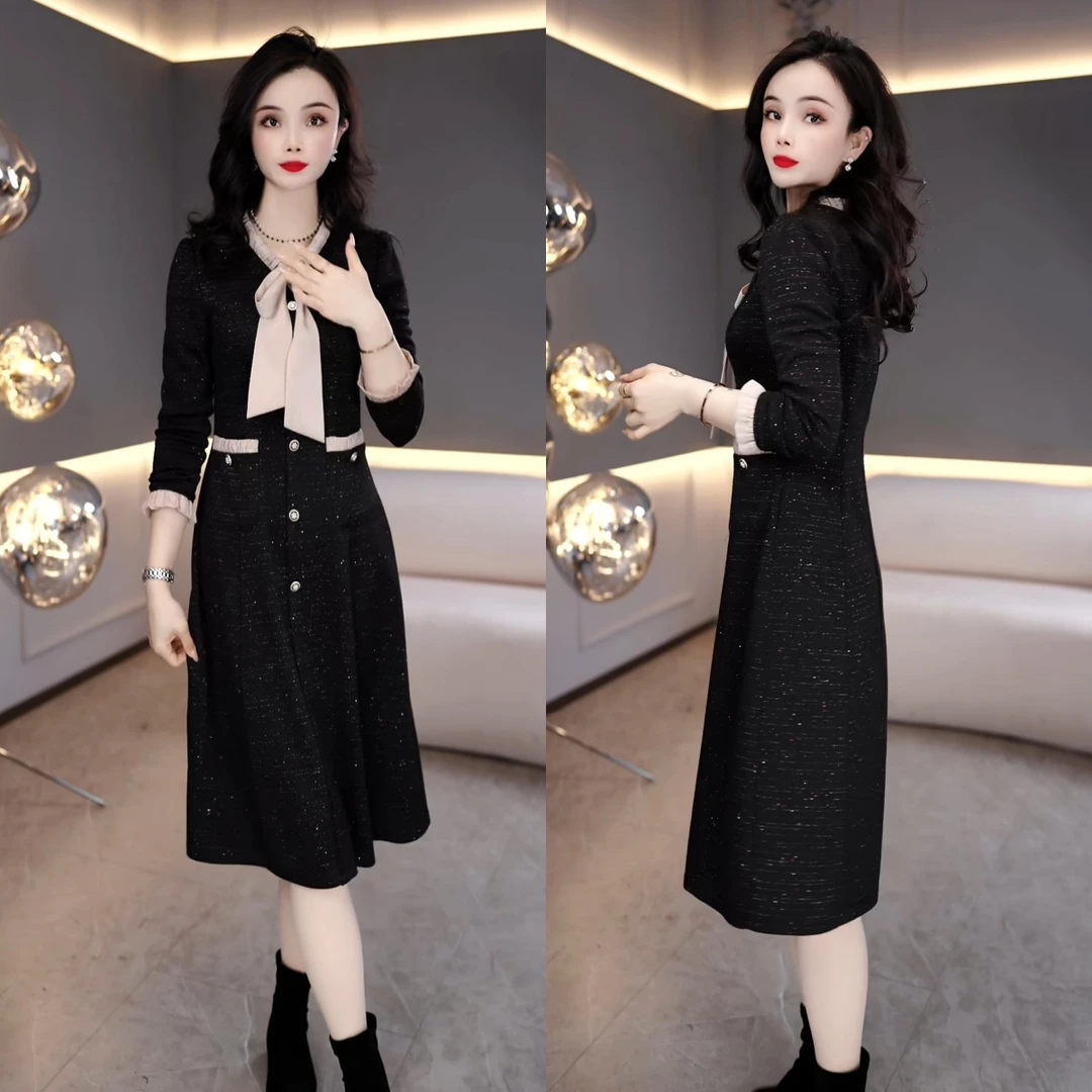 2025秋冬新款名媛小香风时尚修身显瘦洋气减龄百搭连衣裙M-4XL