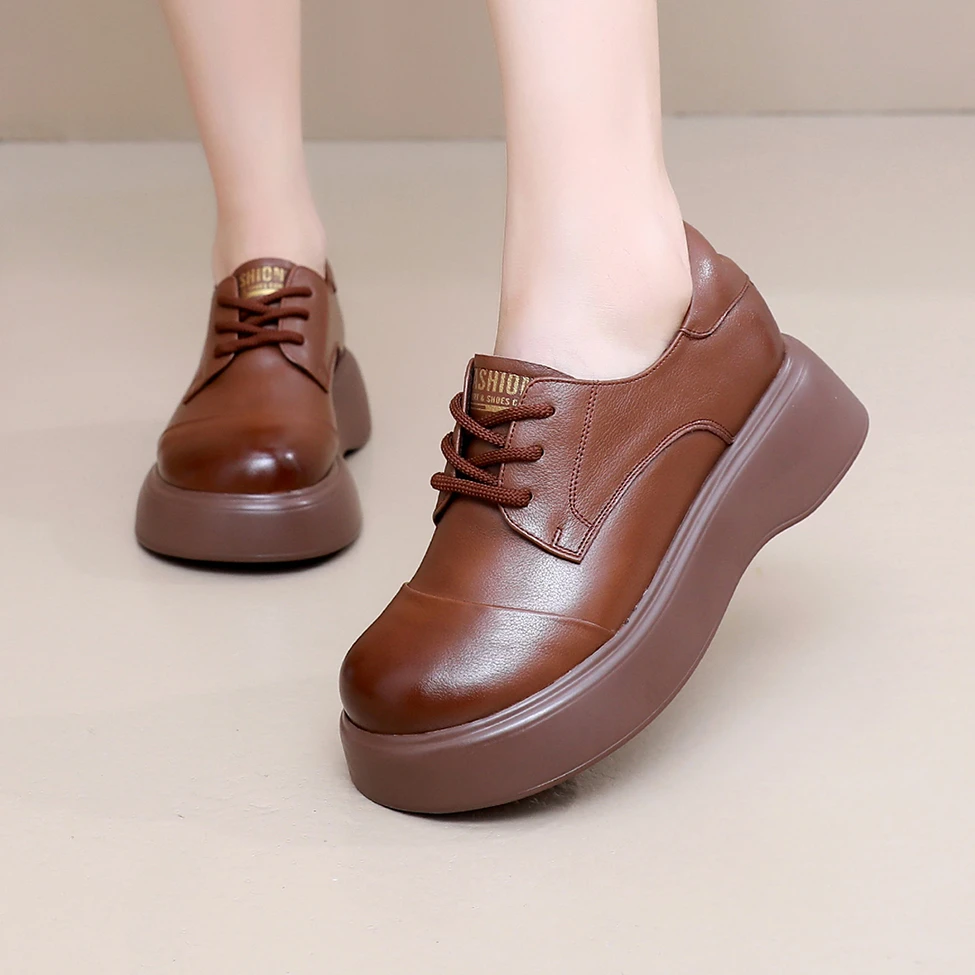 真皮春季圆头厚底新款深口松糕系带皮鞋休闲女鞋软底妈妈大码单鞋