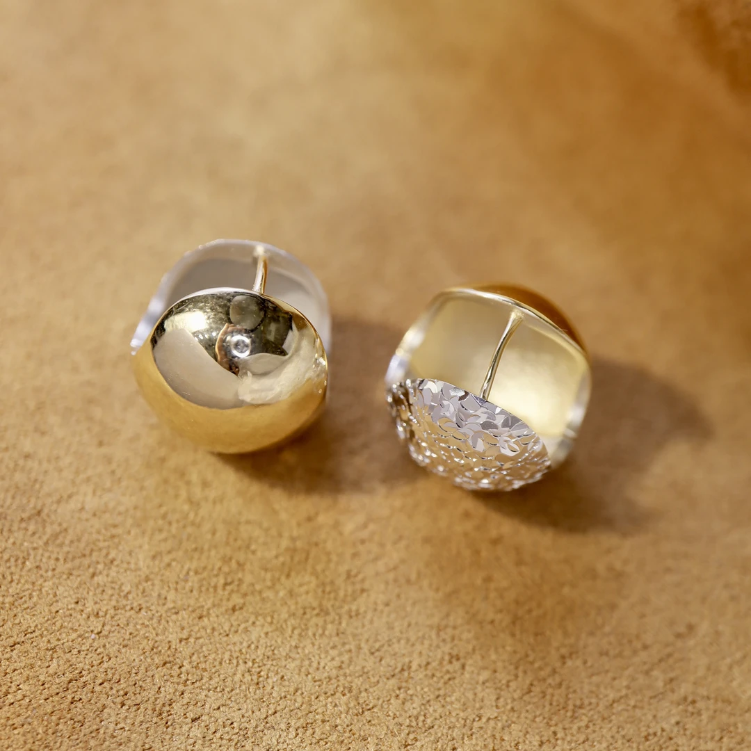 18k金黄白双面球球耳环 松果耳扣时尚百搭简约