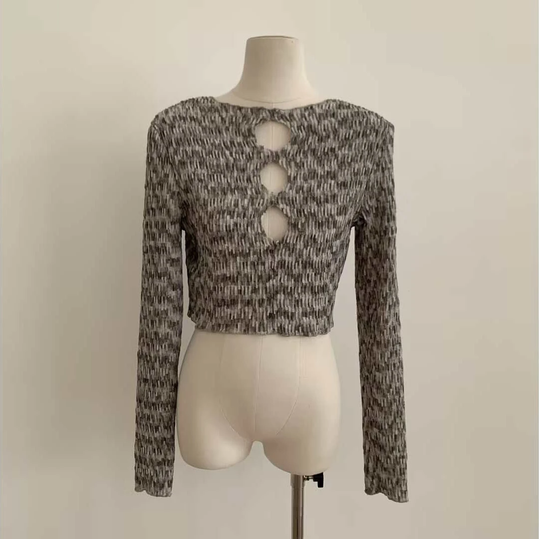 秋冬款长袖修身镂空T恤83008