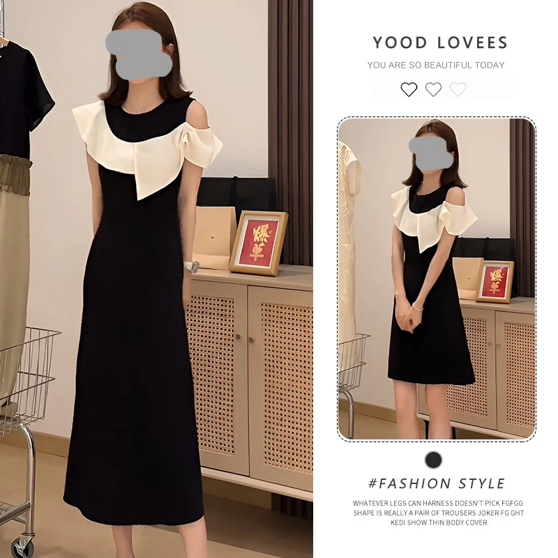 法式无袖荷叶边单侧露肩连衣裙2025新款女夏季裙子显瘦气质小黑裙