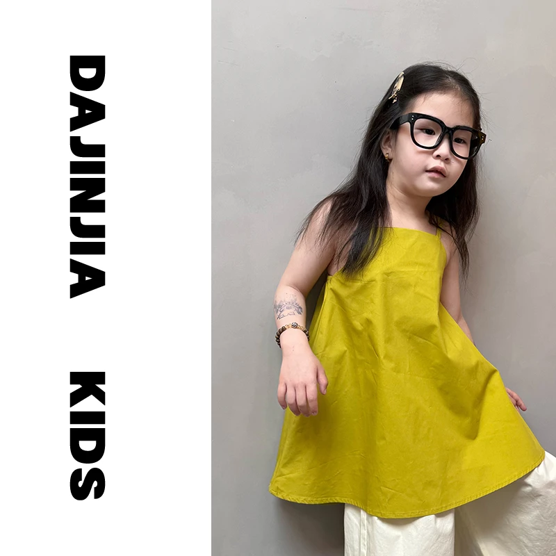 大金定制夏季新款韩系风黄色洋气气质款女宝宝吊带百搭棉感连衣裙