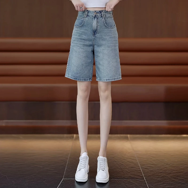 复古五分牛仔裤女2025新款夏季薄款直筒中裤高腰宽松休闲阔腿短裤
