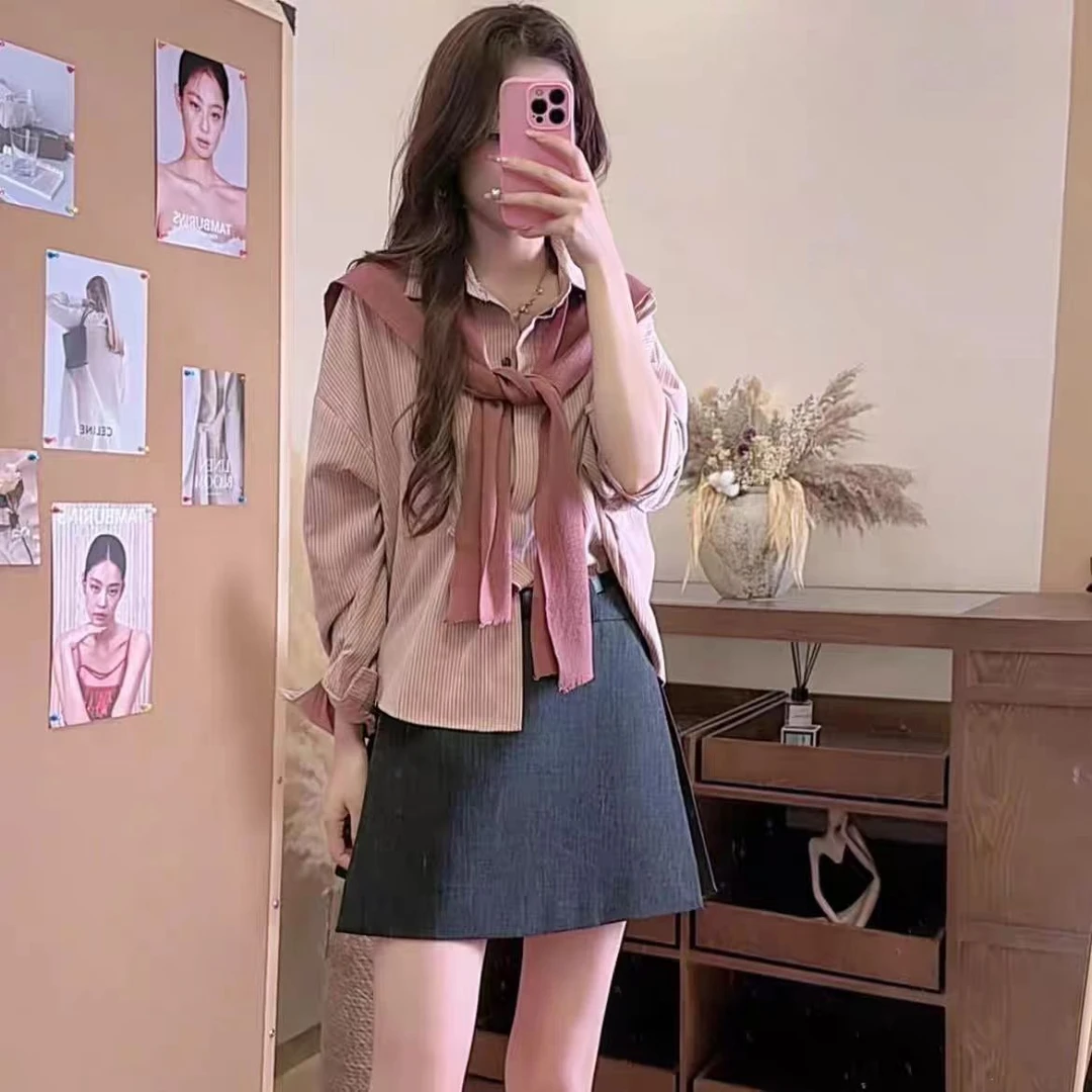韩系长袖衬衫两件套女2025新款宽松显瘦减龄百搭上衣