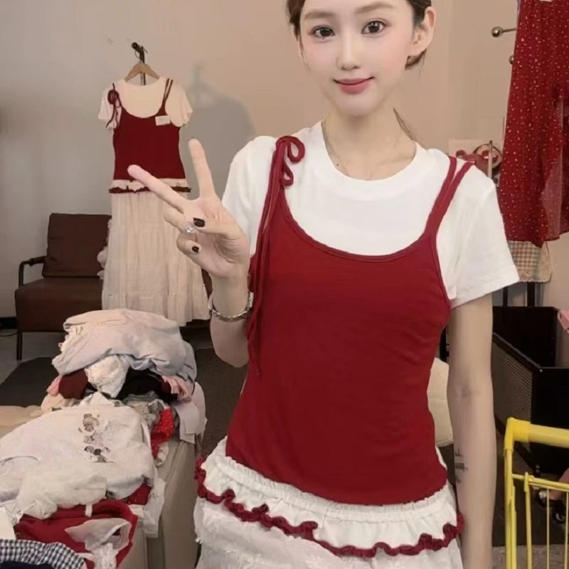 【Mihan】2025年夏季新款短袖T恤女收腰短款百搭设计感上衣小衫合