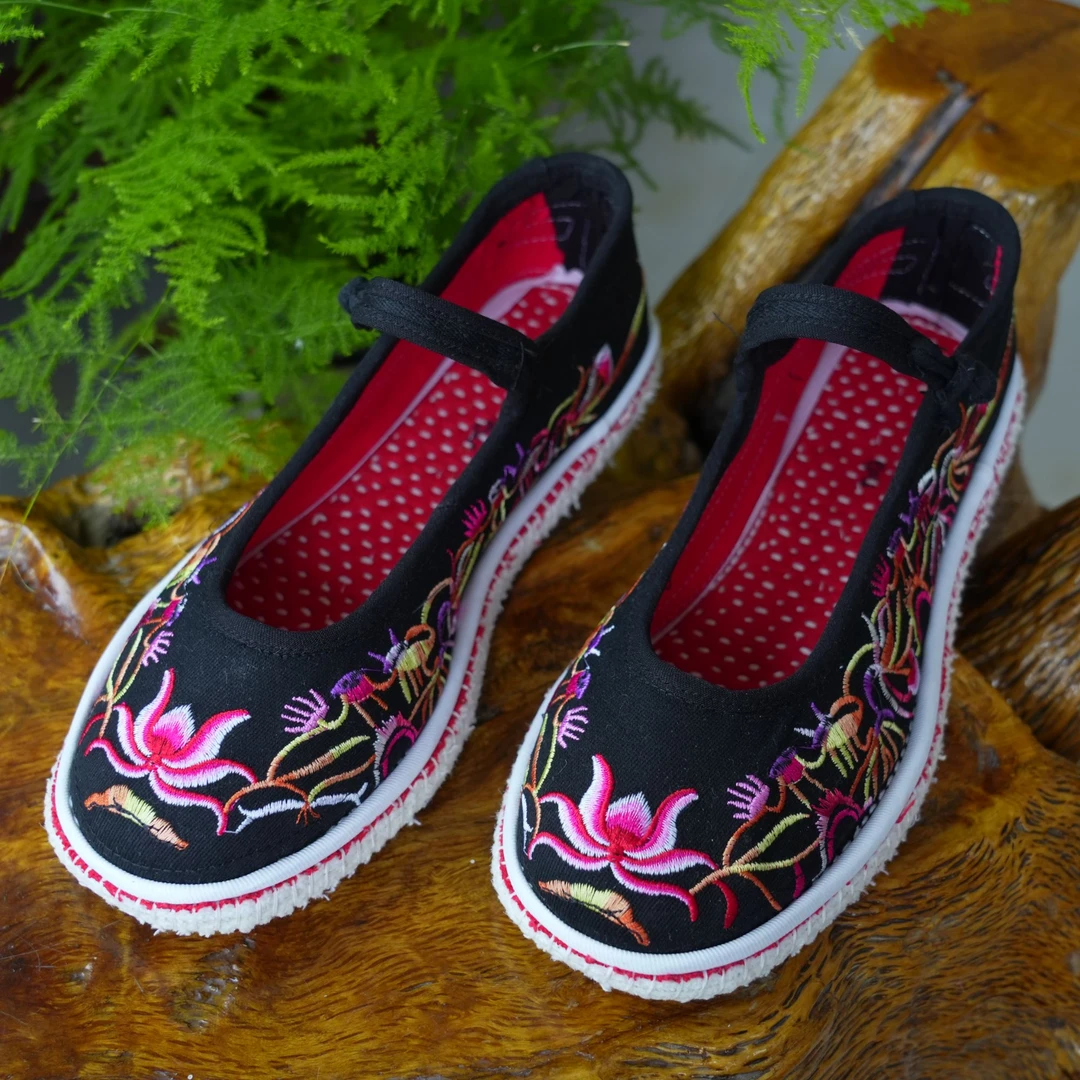 女老人装老鞋手工千层底满帮绣金犬莲花升天梯布鞋（红紫不带绿）