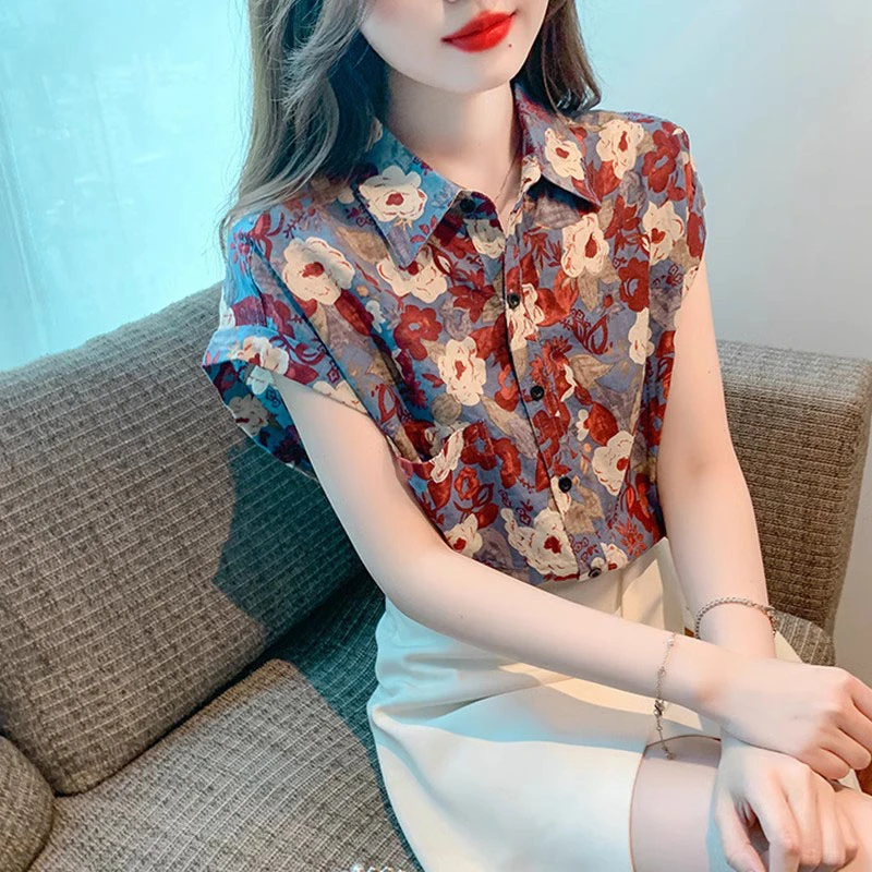 2025夏季新款短袖复古碎花设计感港风衬衫时尚女装POLO领印花上衣