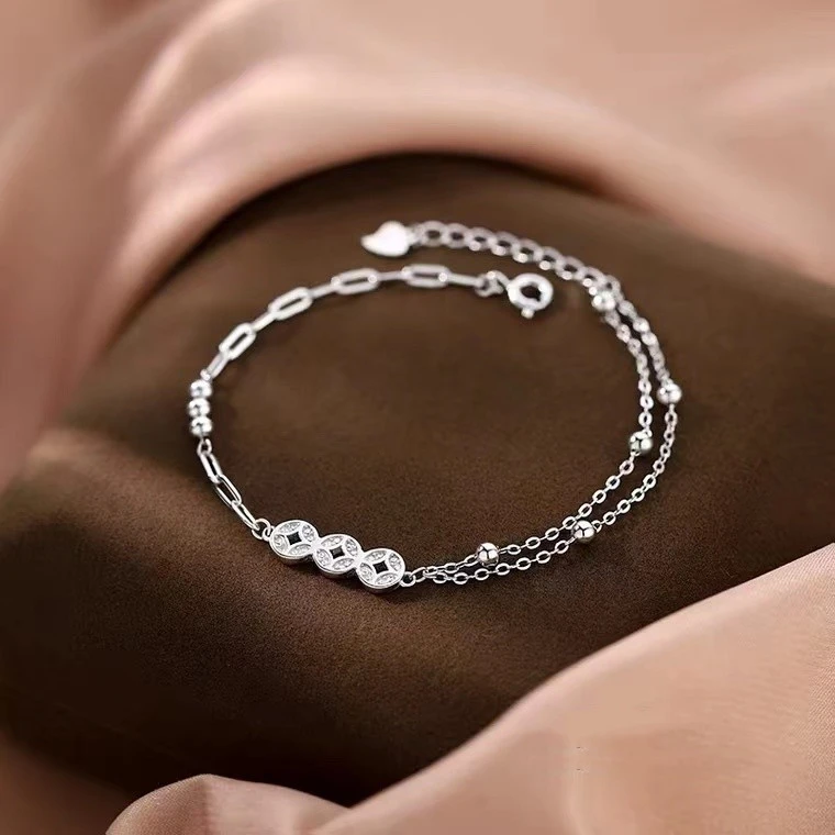 925银手链 S925转运圆珠铜钱手链女冷淡风高级国风七夕情人节礼物