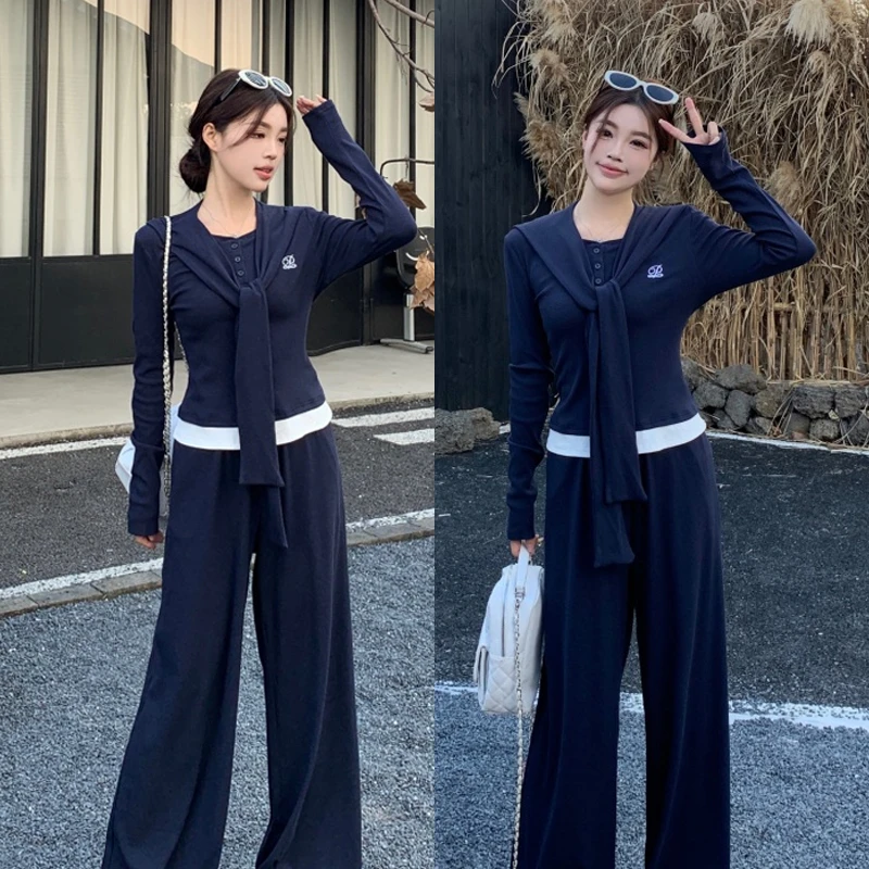 大码胖mm女装秋季大码休闲运动两件套拼色设计搭配高腰阔腿裤套装