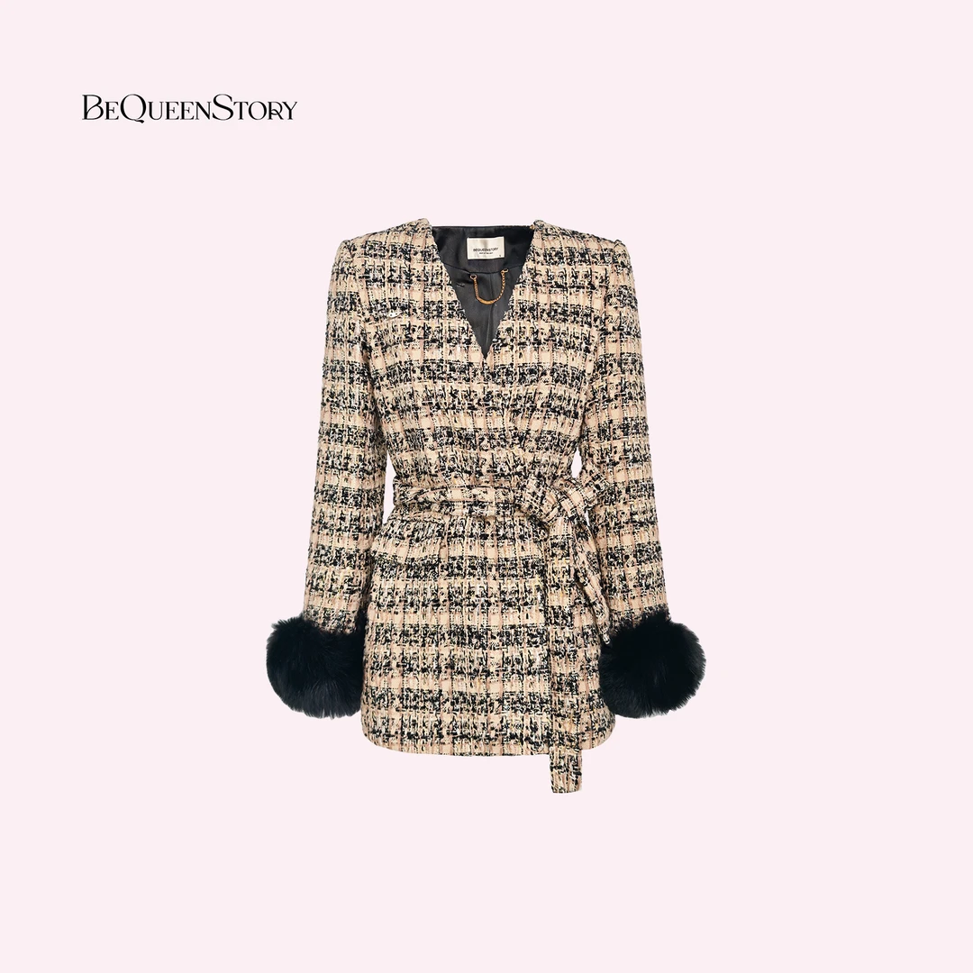 余潇潇【黑金报刊】轻奢千鸟格秋冬气质金丝编织小香风外套