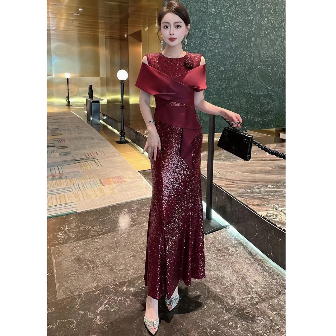 喜婆婆喜妈妈宴会结婚礼服裙高贵名媛珠片亮片闪闪奢华优雅连衣裙
