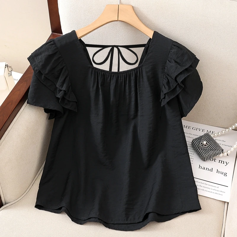 大码女装宽松显瘦泡泡袖荷叶边上衣夏装胖mm方领酷飒风女装高级感