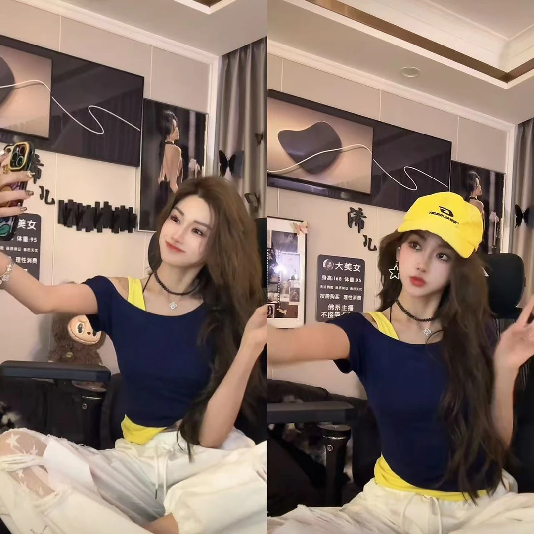 洋气撞色拼接斜肩设计感露肩显瘦短袖T恤上衣