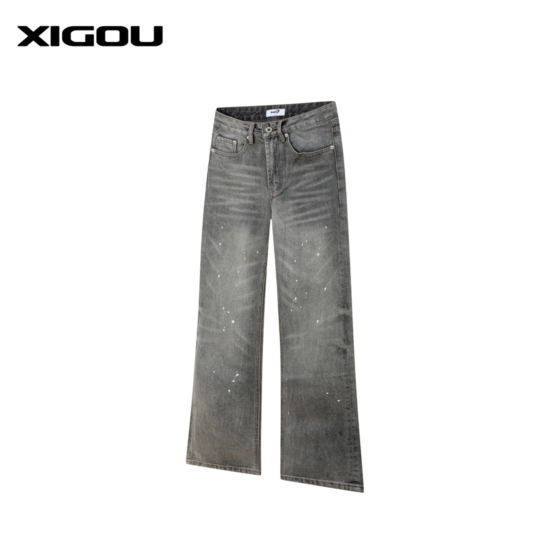 邱XG【烟灰立体泼墨猫须牛仔裤】男秋季美式复古cleanfit做旧长裤