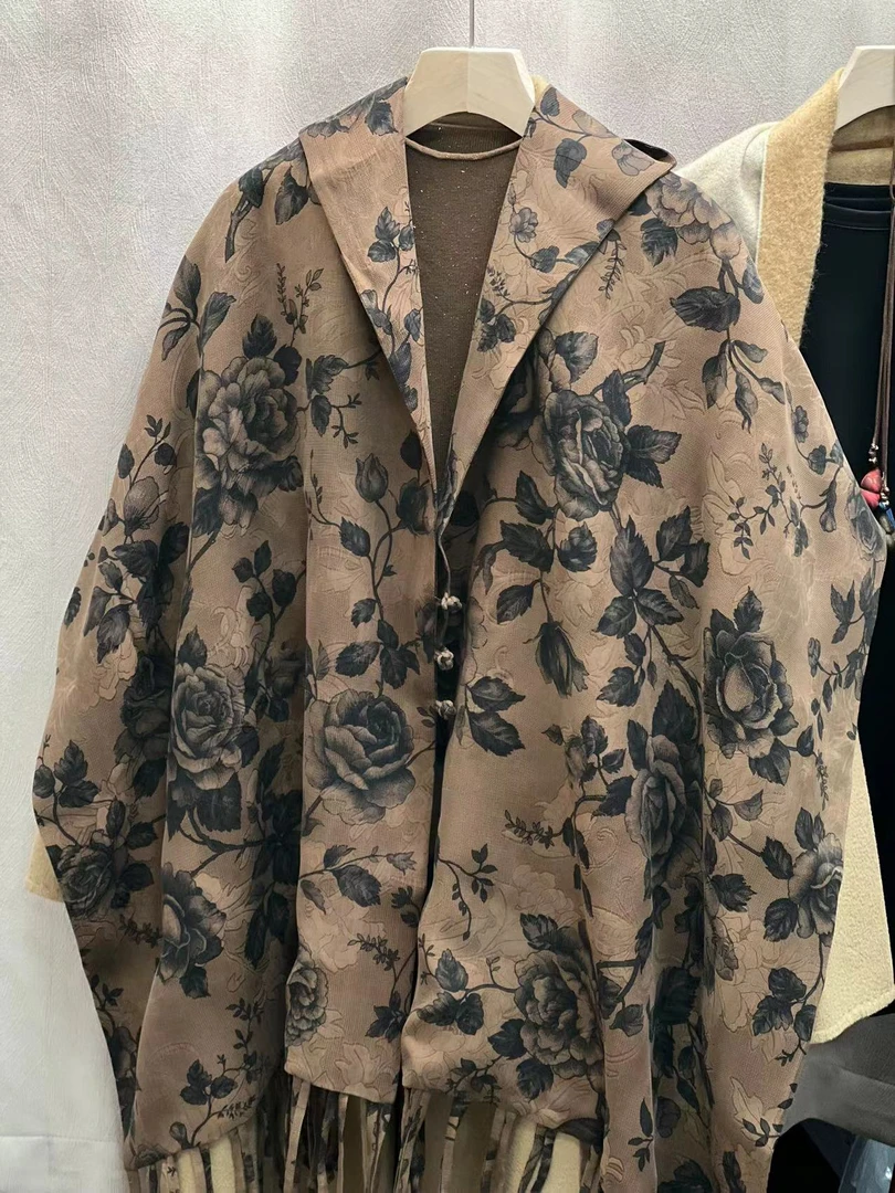 香云纱长巾-云妃花 苏罗流苏盘扣50*190cm披肩