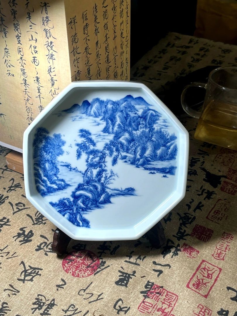 当代 陶瓷青花山水壶承 直径9.2 纯手工小盘家用小型茶盘