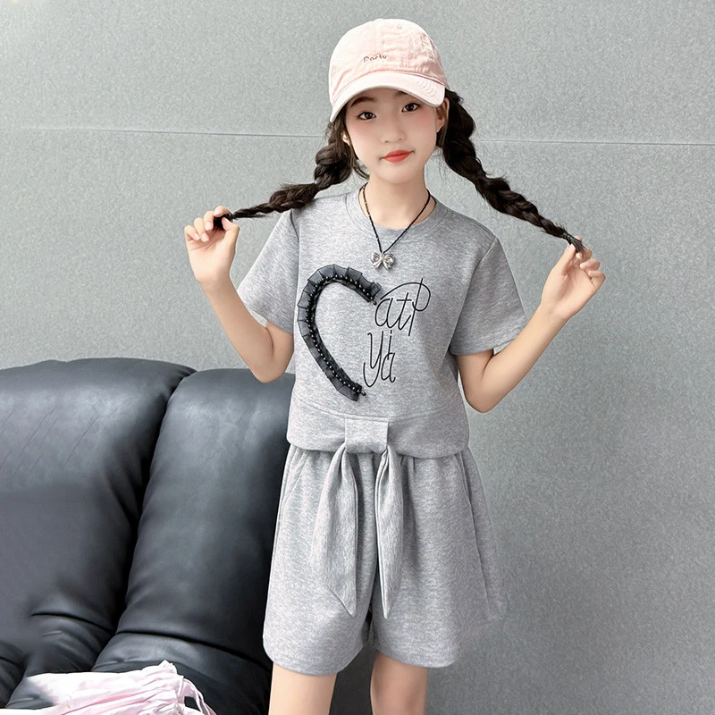 女童夏季套装2025新款儿童洋气大童运动短袖短裤6-12岁灰色两件套