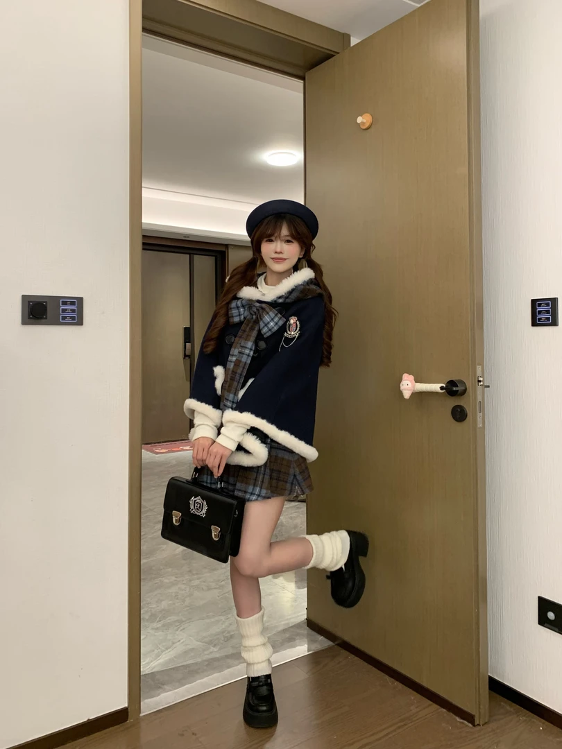 桔梗house 佩恩学妹 学院风格子蝴蝶结毛边连帽斗篷格子短裙