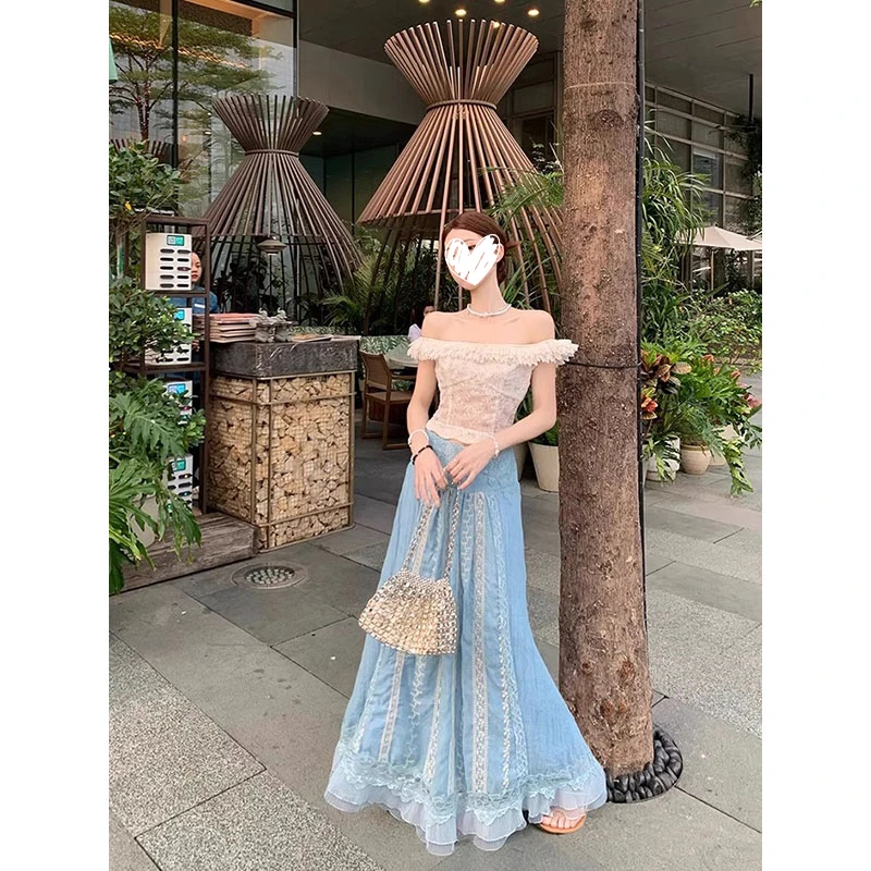 度假风碎花花边一字肩无袖上衣女夏季设计感高腰刺绣半身长裙套装