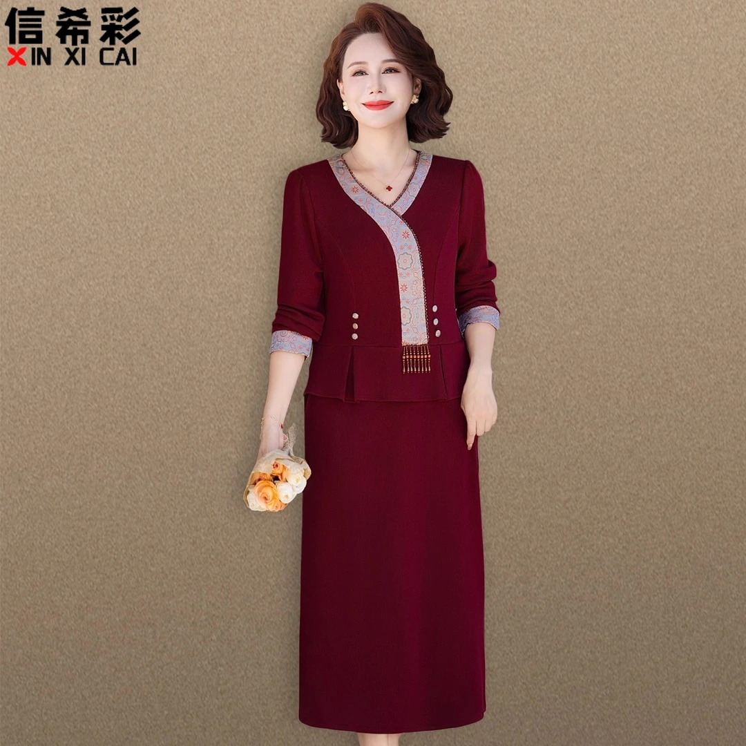结婚喜婆婆装连衣裙中老年妈妈秋装气质针织裙礼服春秋女平时可穿