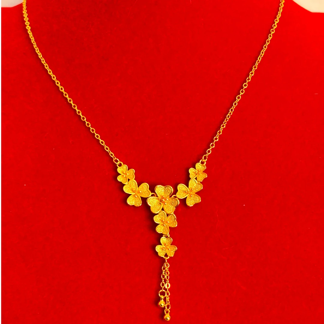 铜合金项链 古法三瓣花金色水滴流苏项链幸运花朵锁骨精致送礼物
