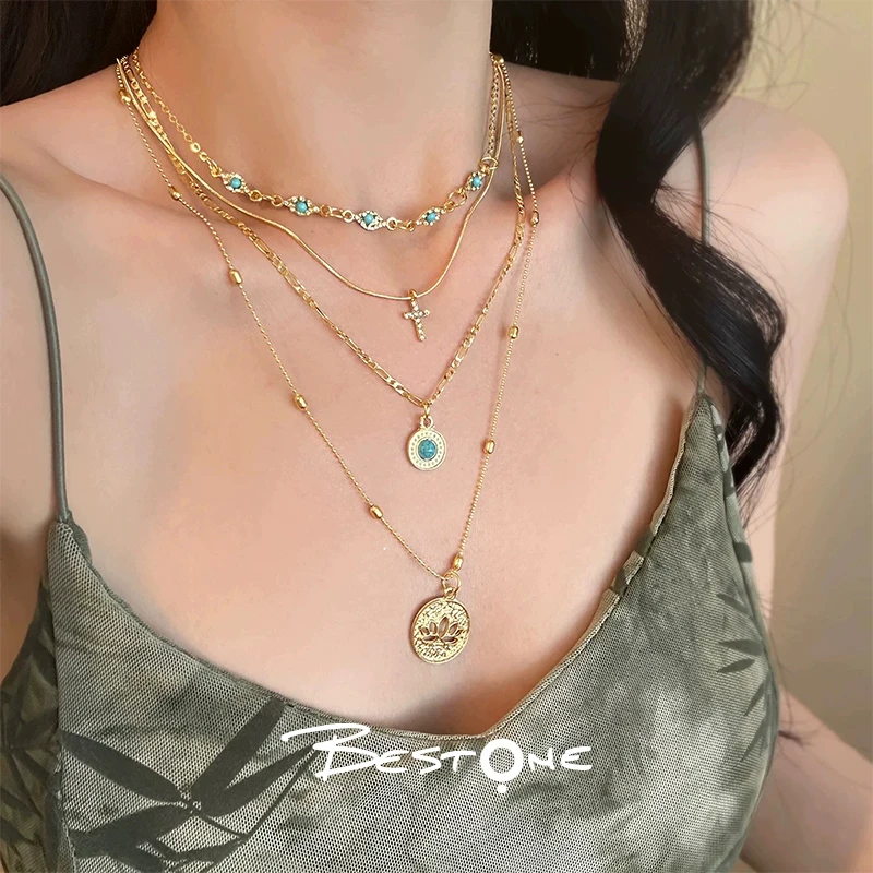 合金橄榄核项链 海屿漫步复古镂空花朵十字架项链多层叠带锁骨链