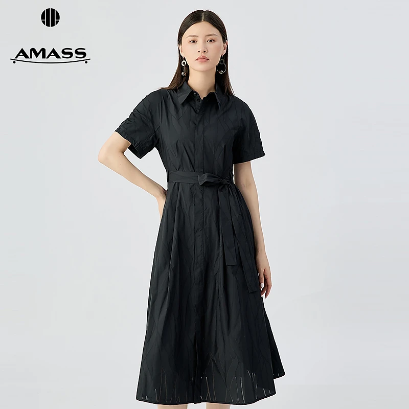 阿玛施AMASS 时尚通勤翻领单排扣短袖小黑裙连衣裙附腰带550052
