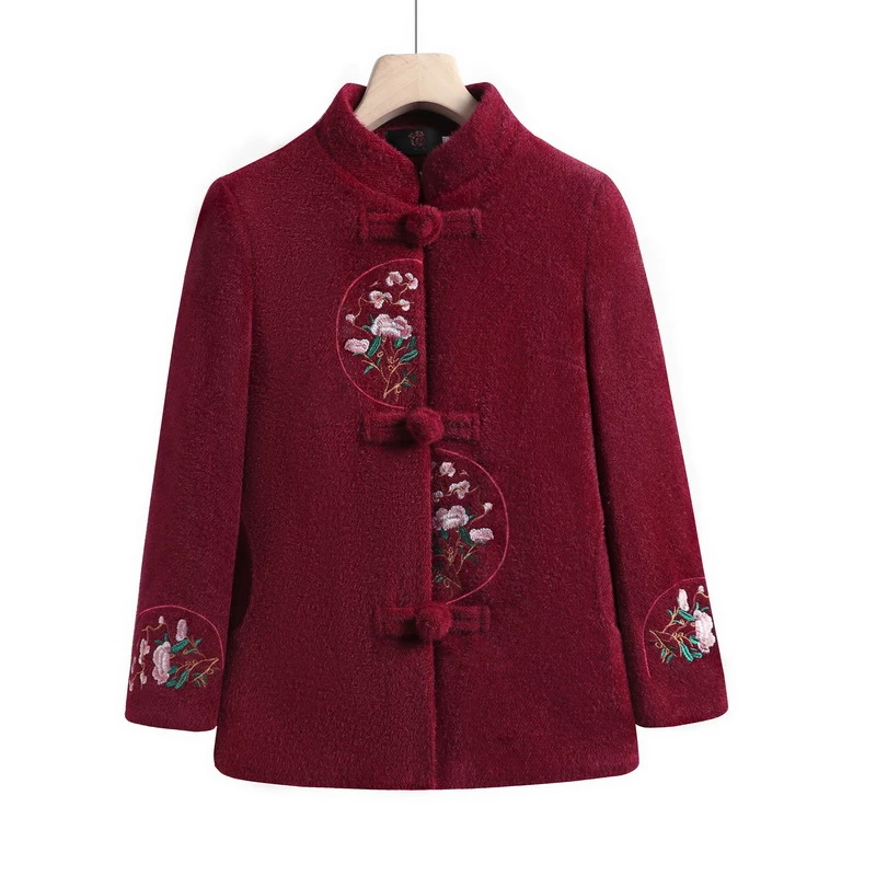 皮尔卡丹中老年人秋装女妈妈加绒加厚立领外套奶奶冬装水貂绒唐装