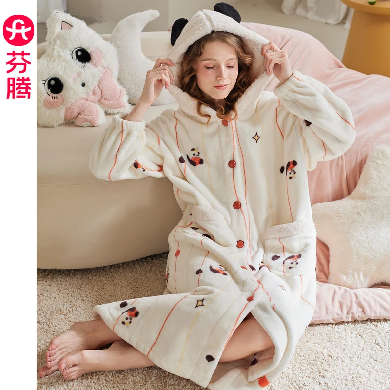 芬腾睡袍女秋冬季珊瑚绒连帽睡衣可爱熊猫法兰绒可外穿家居服睡袍