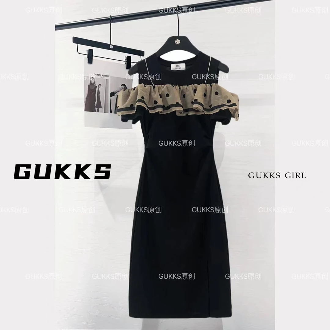 时尚黑撞色拼接波点短袖连衣裙女夏高级感收腰气质长裙GK388