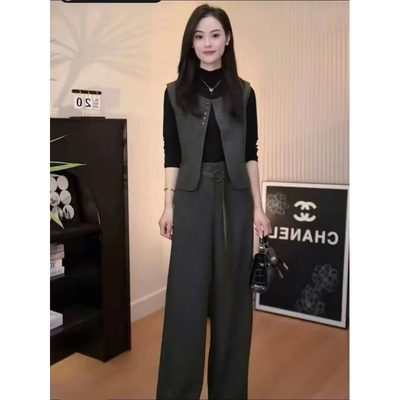 W232 一整套韩系穿搭高级感打底衫马甲阔腿裤腰带四件套